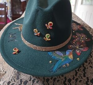 Embellished Green Fedora Hat